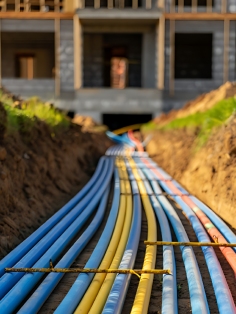 Tuyaux d'assainissement multicolores dans une tranchée de chantier