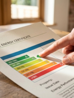 Main indiquant la classe B sur un diagnostic de performance énergétique (DPE)