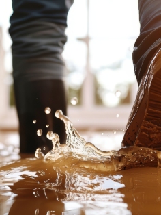 Inondation dans une pièce avec bottes, illustration de l'état des risques et pollutions