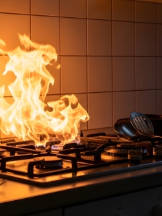 Flamme de gaz sur plaque de cuisson, illustration du diagnostic gaz immobilier