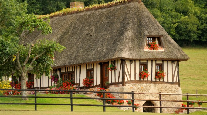 Chaumière traditionnelle à colombages avec toit de chaume et jardinières fleuries